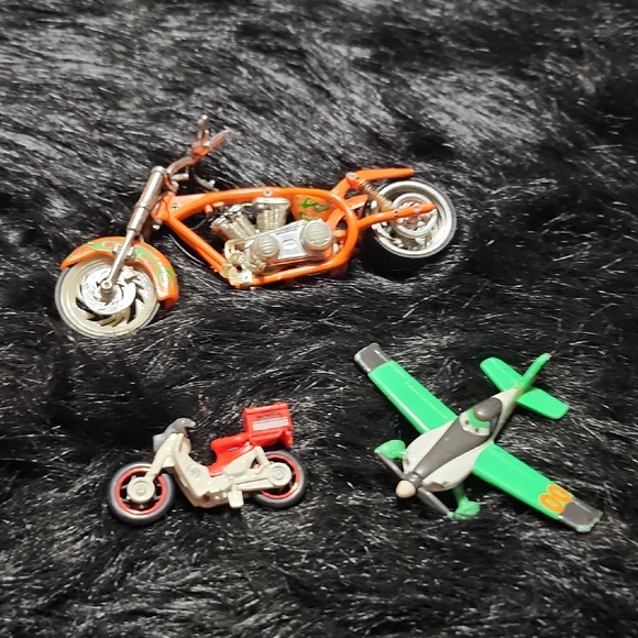 Vintage  toy motorcycles and  airplane Other - Orange and Green Toy Vehicle Set.  Large Motorcycle, Small Motorcycle , Airplane
